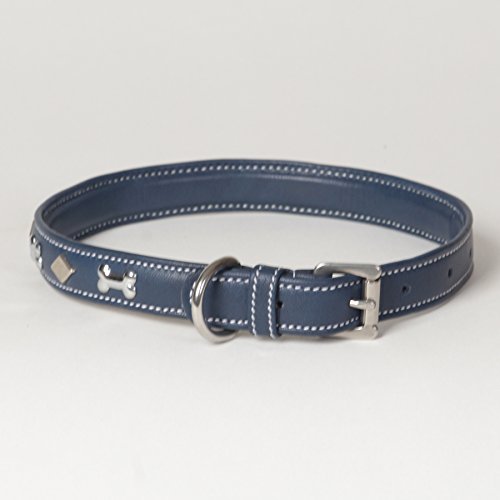 Medium Soft Blue Napa Leather Padded Decorated Azzurro Dog Collar - Fits 14" - 18" Neck Size