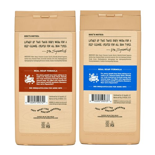 Dr. Squatch Natural Body Wash for Men - Exfoliating and Non-Exfoliating - Wood Barrel Bourbon + Fresh Falls (14 oz, 2 Pack)