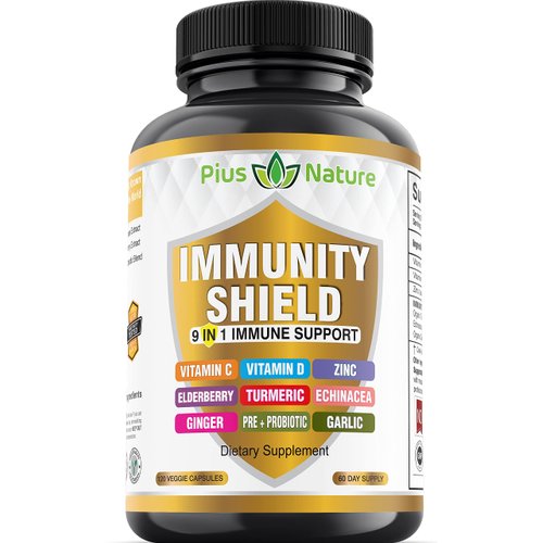9-in-1 Immune Support Vitamin C (1000mg), Vitamin D3 (5000 IU), Zinc(22mg) with Elderberry, Turmeric, Echinacea, Ginger, Garlic and Pre+Pro-Biotic per serving (120 caps per bottle - 2 month supply)