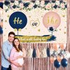 Gender Reveal Decorations He or She Reveal Backdrop Navy Blush Balloons PomPoms and Blush Pink Fringe Curtain for Gender Reveal Baby Shower Party Supplies