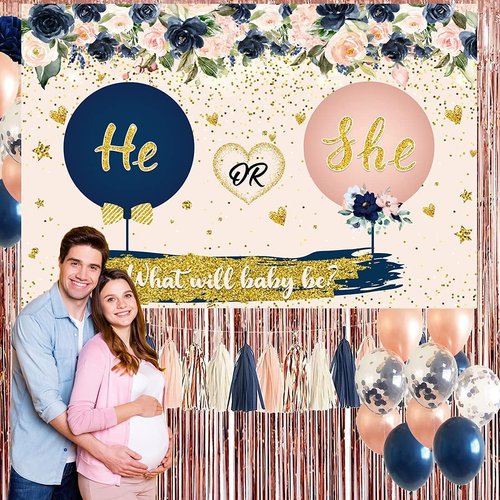 Gender Reveal Decorations He or She Reveal Backdrop Navy Blush Balloons PomPoms and Blush Pink Fringe Curtain for Gender Reveal Baby Shower Party Supplies