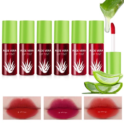 HOSAILY 6 PCS Lip Tint Stain Set, Korean Lip Gloss Plumping Liquid Lipstick Aloe Vera Watery Lip Stain, Multi-use Moisturizing Lip & Cheek Tint, Long Lasting Non-Stick Cup Vivid Color Lip Tint Makeup