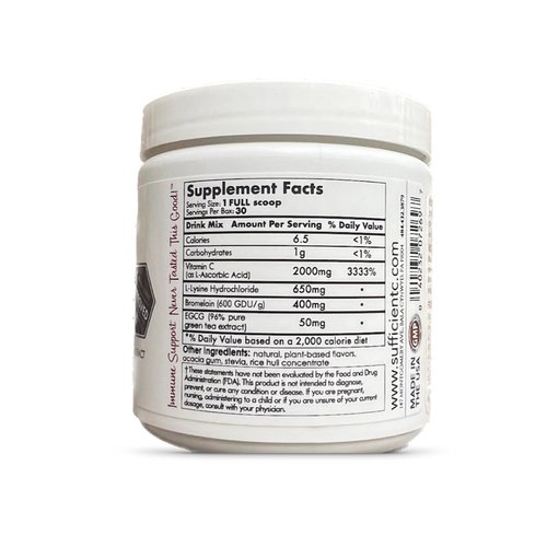 Sufficient-C High Dose Non-GMO Vitamin C Lemon Peach Immune-Ade Drink Mix, Convenient 125 Gram Size w/L-lysine, Bromelain & a Premium 96% Pure Green Tea Extract - Stomach Friendly, Adrenal Supportive