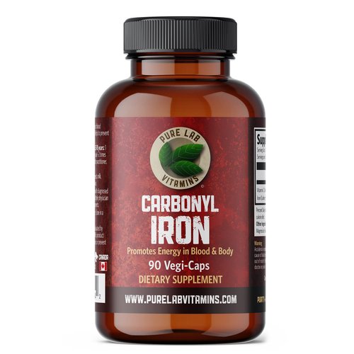 Pure Lab Vitamins | Carbonyl Iron Supplement, 90 Vegi-Caps | Unique Formulation of Metallic Iron with Ascorbic Acid, Superior Bioavailability | Non Constipating | Supports Red Blood Cell Formation