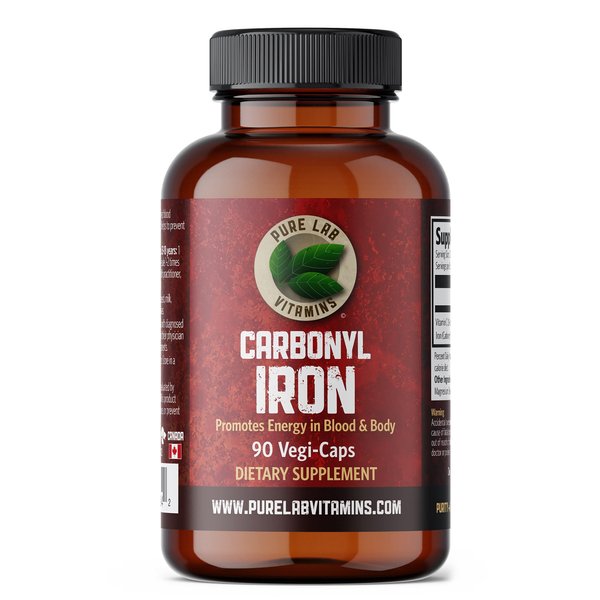 Pure Lab Vitamins | Carbonyl Iron Supplement, 90 Vegi-Caps | Unique Formulation of Metallic Iron with Ascorbic Acid, Superior Bioavailability | Non Constipating | Supports Red Blood Cell Formation