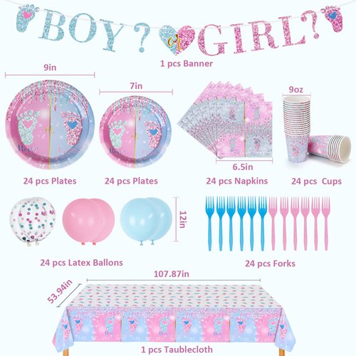 Decorniqu Gender Reveal Party Decorations 146 Pcs Serves 24 Guests Boy or Girl Party Supply with Disposable Paper Plates Napkins Cups Tablecloth Cutlery for Baby Shower Gender Reveal Party Supplies