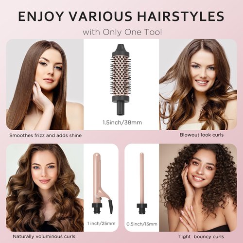 javelove 3 in 1 Curling Iron Set with Thermal Brush (1.5") and 2 Interchangeable Ceramic Curling Wand(0.51"-1"), 2 Temp Heating Setting, Include Heat Protective Glove & 2 Clips& Storage Bag