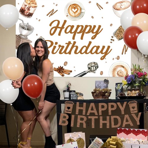 Coffee Birthday Decorations, Coffee Party Supplies with Balloons Banner Cake Topper Cupcake Toppers Backdrop, Coffee Bar Theme Happy Birthday Celebration Party Decors