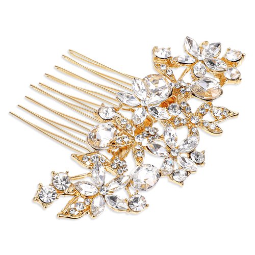 Psyqtsuary Bridal Hair Comb, Bling Rhinestone Wedding Hair Comb Glitter Crystal Flower Hair Pieces Decorative Hair Side Comb Bridal Hair Accessories for Women Girls Bridesmaids (Gold)