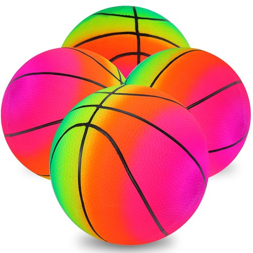 4Pcs Rainbow Playground Balls for Kids&Adults With 1 Hand Pump,8.5Inch Colorful Rubber Bouncy Balls,Inflatable Multi Colors Kick Balls Handball,Durable Indoor&Outdoor Play Toys (Neon Basketball)
