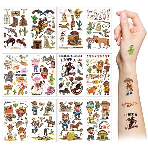 Western Cowboy Temporary Tattoos,10 Sheets Wild West Cowboy&Cowgirl Cactus Horse Cow Waterproof Fake Tattoo Stickers for Kids Boys Girls Birthday Gifts Party Favor Supplies
