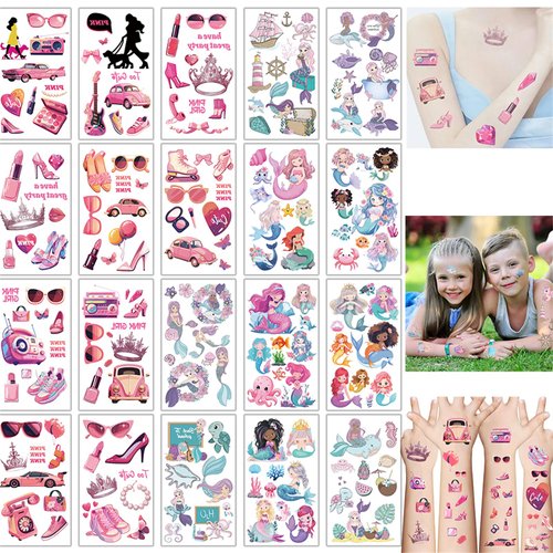 20 Sheets Cute Temporary Tattoos Birthday Themed Party Supplies Decoration Favors Pink Stickers Cartoon Mermaid Sticker for Kids Girls Home Activity Class Prizes Carnival Christmas Rewards (Pgirl)