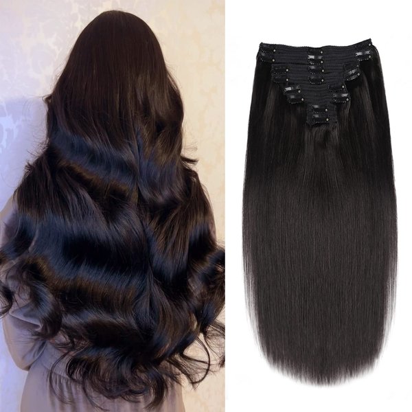 Human Hair Clip in Hair Extensions 120g 8PCS Straight Clip in Hair Extensions Real Human Hair Natural Black 18 Clips Remy Hair Extensions(1B,14inch)