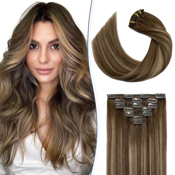 Clip in Hair Extensions Real Human Hair S-noilite #4T4P27 Chocolate Brown to Caramel Blonde Double Weft hair extensions 14 Inch Clip in Real Human Hair for Women Balayage Straight 7PCS 125g