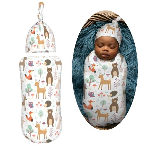 Muishi Cute Animals Fox Bear Deer Newborn Swaddle Blankets Hat Sets Soft Baby Receiving Blanket Swaddle Sack for Baby Shower Infant Boy Girl Gift
