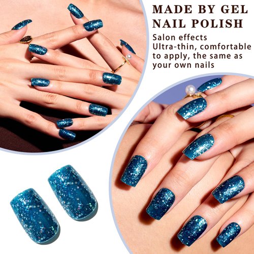 Press on Nails Medium Square,Glitter Shimmy Blue False Nail Tips Kits with Mini Nail File, Supremely Fit & Natural Fake Nail with Nail Glue in 12Sizes -24PCS Nail Kit