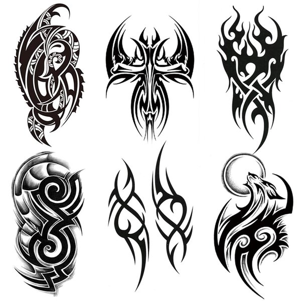 Oottati 6 Sheets Waterproof Arm Temporary Tattoo Stickers Men Black Wolf Cross Tribal Totem Body Art
