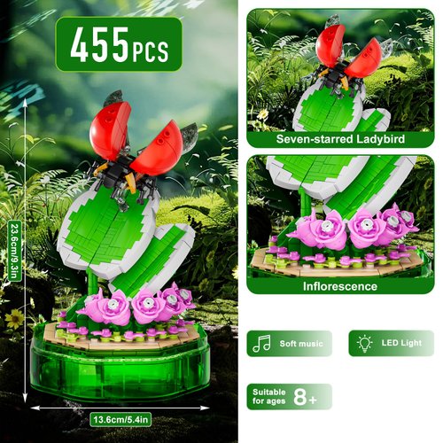 Mould King Insect Collections Ladybug Building Sets with Flower Building Blocks, Ladybugs Building Kits for Adults and Kid Boys Girls 8 9 10, 455 Pieces Natural Style STEM Toy Music Box with Lights