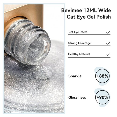 Bevimee Cat Eye Gel Nail Polish, Silver Glitter Magnetic Gel Polish Cat Eye Nails With Magnet Stick, For Holographic Shimmer Cateye Effect, UV Velvet Gel Nail Art Manicure Salon DIY Home, 12ML