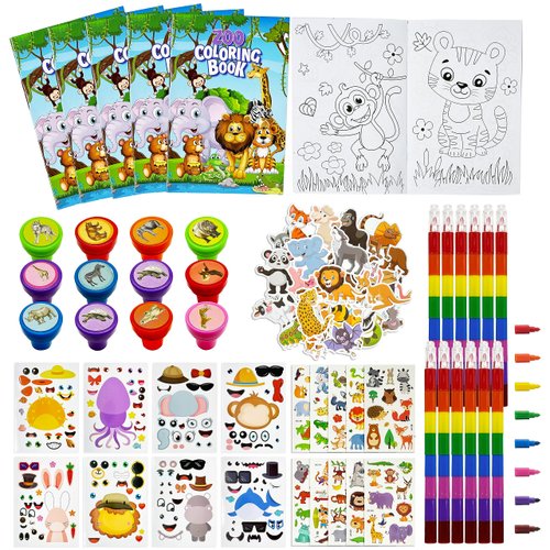 72 Pcs Jungle Safari Party Favors, Zoo World Coloring Books Stacking Crayons Wild Animals Tattoo DIY Sticker Stampers Classroom Rewards Gift Prizes Goodie Bag Fillers Supplies
