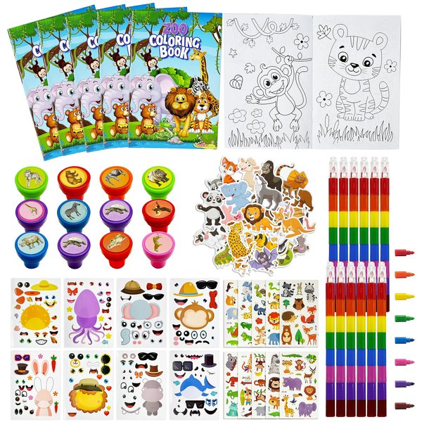 72 Pcs Jungle Safari Party Favors, Zoo World Coloring Books Stacking Crayons Wild Animals Tattoo DIY Sticker Stampers Classroom Rewards Gift Prizes Goodie Bag Fillers Supplies