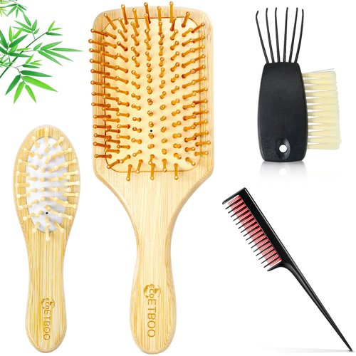 Bamboo Hair Brush Comb Set for Women Men and Kids, Natural Wooden Brush for Thick/Thin/Curly/Dry Hair (Bamboo Set)