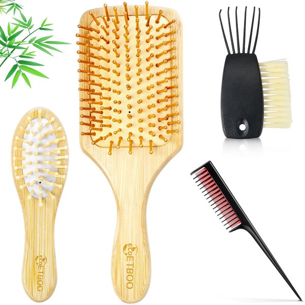 Bamboo Hair Brush Comb Set for Women Men and Kids, Natural Wooden Brush for Thick/Thin/Curly/Dry Hair (Bamboo Set)