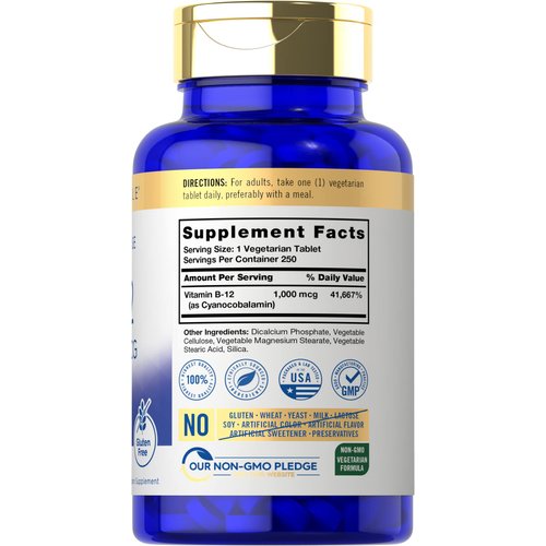 Carlyle Vitamin B12 10C00 mcg | 250 Count | Time Release Tablets | Cyanocobalamin | Vegetarian, Non-GMO, and Gluten Free Supplement