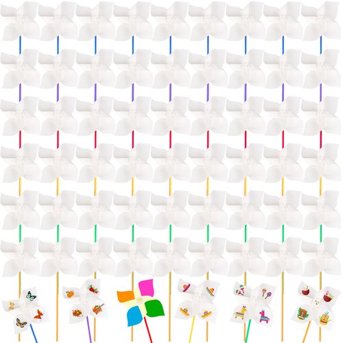 60 Pcs DIY Paper Pinwheels Bulk White Windmills Blank Paper Pinwheels for Kids DIY Painting Handwork Craft Activities Party Favors