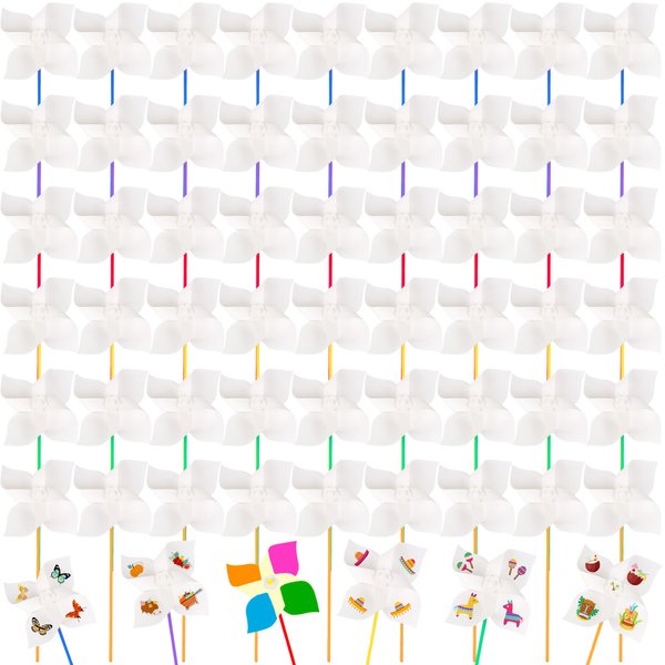 60 Pcs DIY Paper Pinwheels Bulk White Windmills Blank Paper Pinwheels for Kids DIY Painting Handwork Craft Activities Party Favors