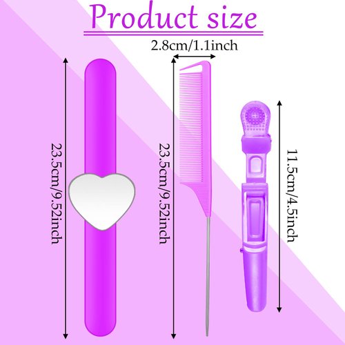 7 Pieces Hair Braiding Tools 1 Piece Magnetic Pin Wristband and 2 Pieces Stainless Steel Pintail Rat Tail Comb with 4 Pieces Wide Teeth Alligator Sectioning Hair Clip for Hair Braid Maker (Purple)