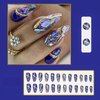Rchosvam Press on Nails Medium Almond Fake Nails Purple Marble Stick on Nails Colorful Glaze Flase Nails with Design for Womens 24pcs
