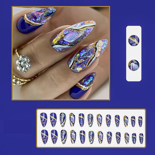 Rchosvam Press on Nails Medium Almond Fake Nails Purple Marble Stick on Nails Colorful Glaze Flase Nails with Design for Womens 24pcs