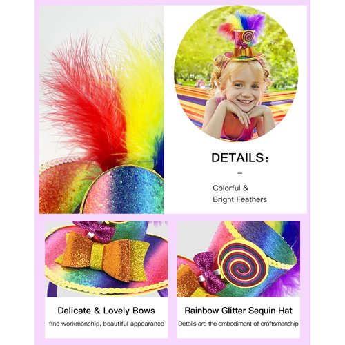 Fikinise Mini Top Hat Headband with Multicolor Feathers for Women Girls Rainbow Feather Headband Top Hat Feather Hair Accessory Rainbow Parade Cosplay Halloween Hat Party (Candy