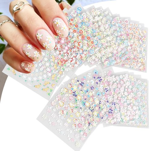 30Sheets Flower Nail Art Sticker 3D Self-Adhesive Nail Art Supplies Colorful Flowers Rose Daisy Cherry Blossoms Nail Decals Pink Floral Nail Design Cute Heart Nail Sticker for Acrylic Nails Decoration