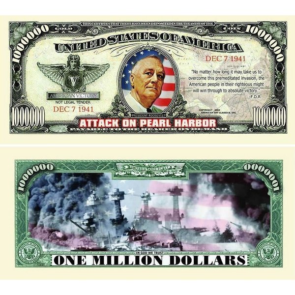 100 Pearl Harbor Million Dollar Bills with Bonus “Thanks a Million” Gift Card Set