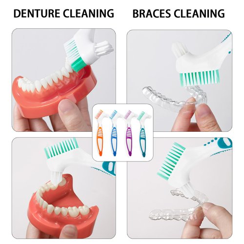 Bnapott 4PCS Premium Denture Cleaning Brush Toothbrush, Multi-Layered Bristles Portable Toothbrush Double Sided Brush for Denture Care (Blue, Purple, Green, Orange)
