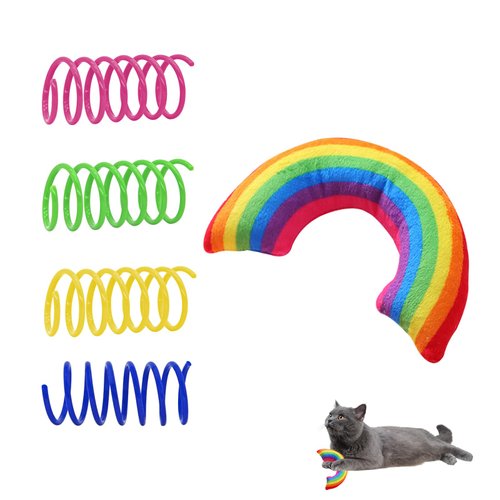 Andiker Catnip Toy&4pcs Cat Spring Toys, Colorful Plush Rainbow Pet Pillow, Cat Chew Toy for Kitten Scratch, Bite and Hug, Interactive Cat Toy for Indoor Cats to Smooth Mood and Relax (Darker)