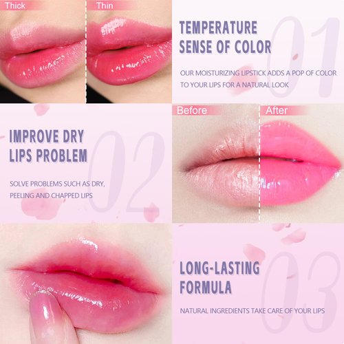 Likesing 3 Pieces Clear Lipstick Set, Pink Crystal Jelly Flower Color Changing Lipstick, Tinted Lip Balm Makeup Color Stay Lip Moisturizing Lip Stick Gift For Girls（Red, Pink,Blue Flower）