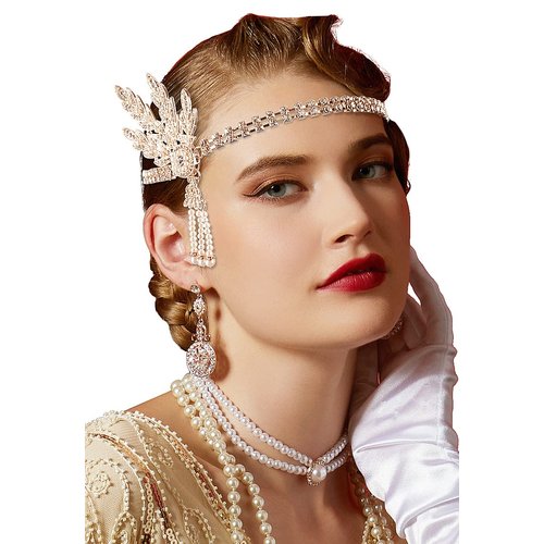 Cizoe Art Deco 1920s Flapper Great Gatsby Leaf Wedding Bridal Tiara Pearl Headpiece Headband(Rose gold)