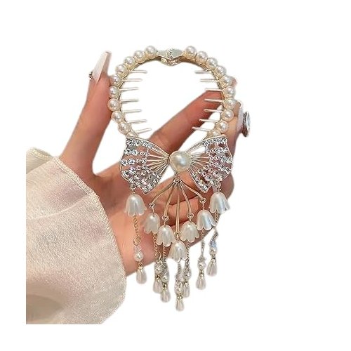 FIABLE COLLECTION Premium Rhinestone Bow Fringe Ponytail Hair Claw Clips For Women & Girls | Women's Fancy Pearl Flower Tassels Hair Bun Styling Accessories
