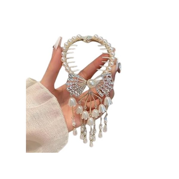 FIABLE COLLECTION Premium Rhinestone Bow Fringe Ponytail Hair Claw Clips For Women & Girls | Women's Fancy Pearl Flower Tassels Hair Bun Styling Accessories