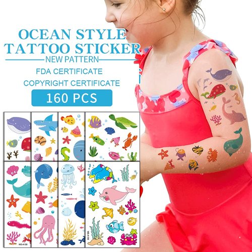 Temporary Tattoos for Kids, Waterproof Body Stickers, 160pcs Fake Tattoo Stickers Pattern, Cute Tattoo Decorations, Birthday Party Favor Supplies Decor for Boys Girls Children Toddler Teens 10 Sheets Ocean