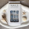 Press on Nails Short Square Fake Nails Summer False Nails Ocean Sea Wave Design Acrylic Stick on Nails Blue Glossy Glue on Nails Artificial Nails for Women 24pcs