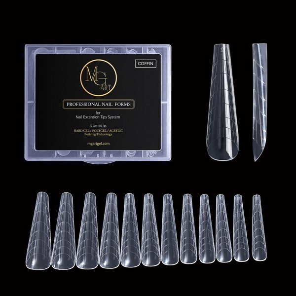 MGART Dual Nail Forms COFFIN Extension Structure Poly nail gel Nail Forms Full Cover Nail Molds 12 Sizes for Solid Nail Gel Glue Nail Art Design Salon&DIY