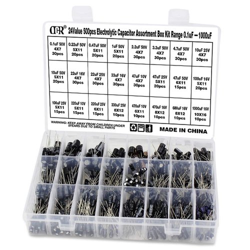 OCR 24Value 500pcs Electrolytic Capacitor Assortment Box Kit Range 0.1uF－1000uF