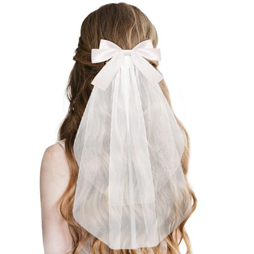 Vovii Bridal Veil for Bachelorette Party Bridal Shower Decorations, White Hair Bow Wedding Bachelorette Veil, Bride with Tulle Bow for Bride Gifts, Bridal Hair Accessories for Wedding