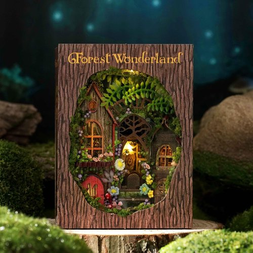 TuKIIE DIY Miniature Dollhouse Kit with Furniture, 1:32 Scale Opened & Closed Mini Cube Wooden Christmas Doll House Creative Room for Kids Teens Adults(Forest Wonderland)