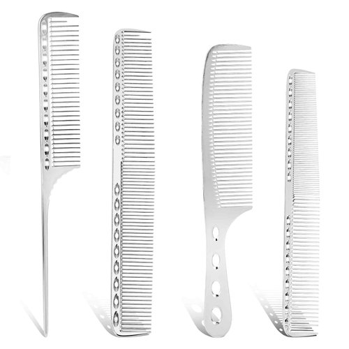 Metal Comb for Men, 4 Aluminum Dressing Comb Professional Barber Types Metal Hair Comb Set Foiling Combs Dandruff Combs for Women Metal Rat Tail Comb Hair Cutting Comb for Long Wet Curly (Silver)