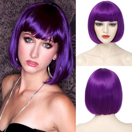 YBYMCAI Purple Bob Wig With Bangs Short Dark Purple Bob Wigs For Women Straight Bob Bangs Wig 10 Inch Heat Resistant Synthetic Hair Natural Looking For Daily